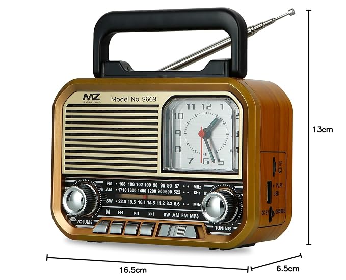 MZ S669 (Retro Radio Speaker) Multi-Functional with High Power, Clock & 5W Power with 1500mAh Battery