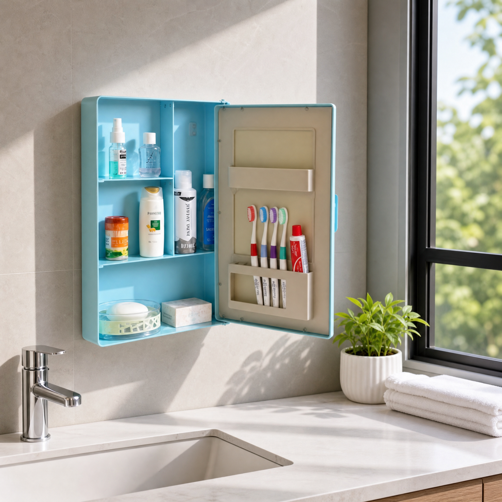 Blue 3 Plastic Wall Shelf Bathroom Cabinet with Mirror Door (Number of Shelves - 4, Blue)