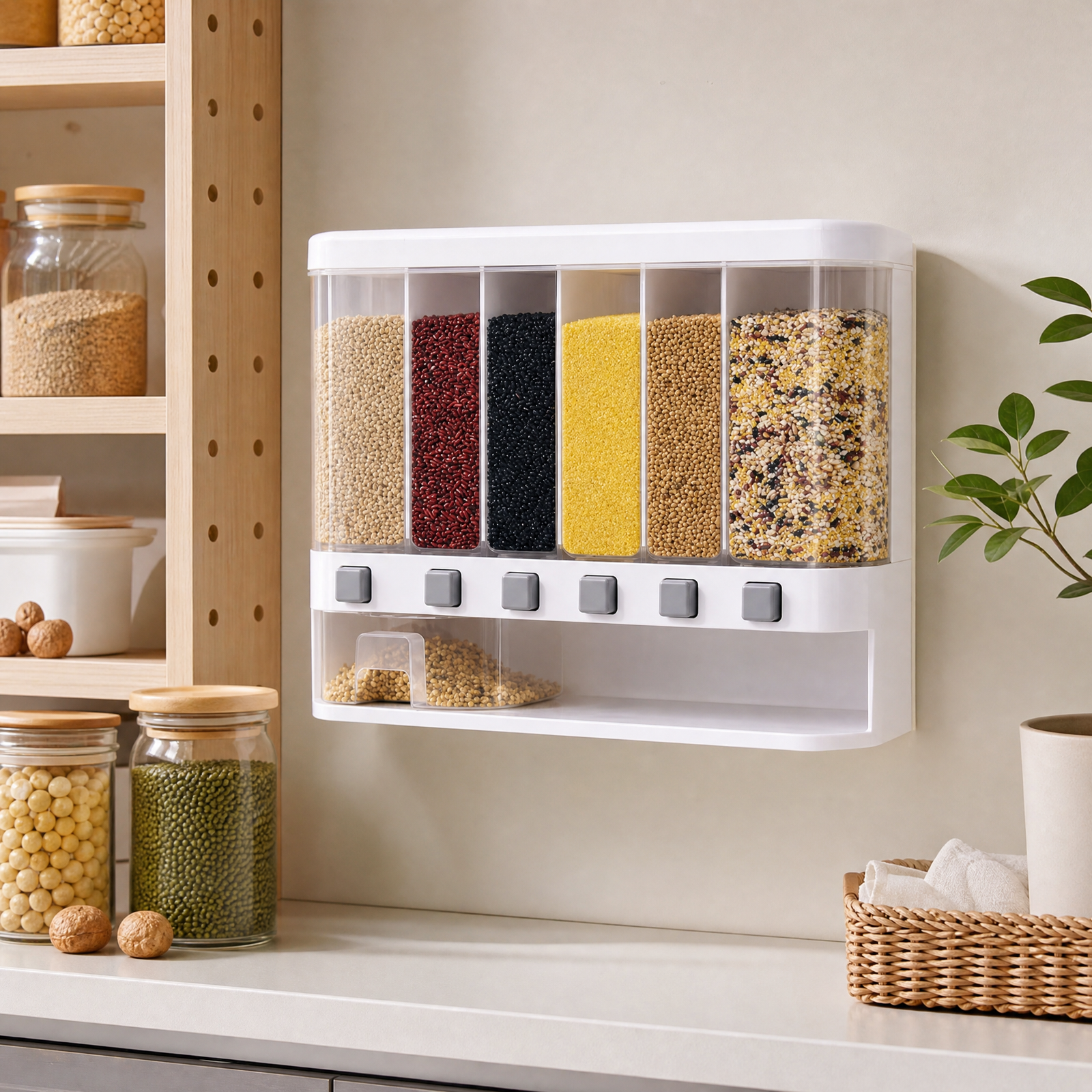 Wall-Mounted Dry Food Dispenser - 6-Grid  (Plastic, Transparent)