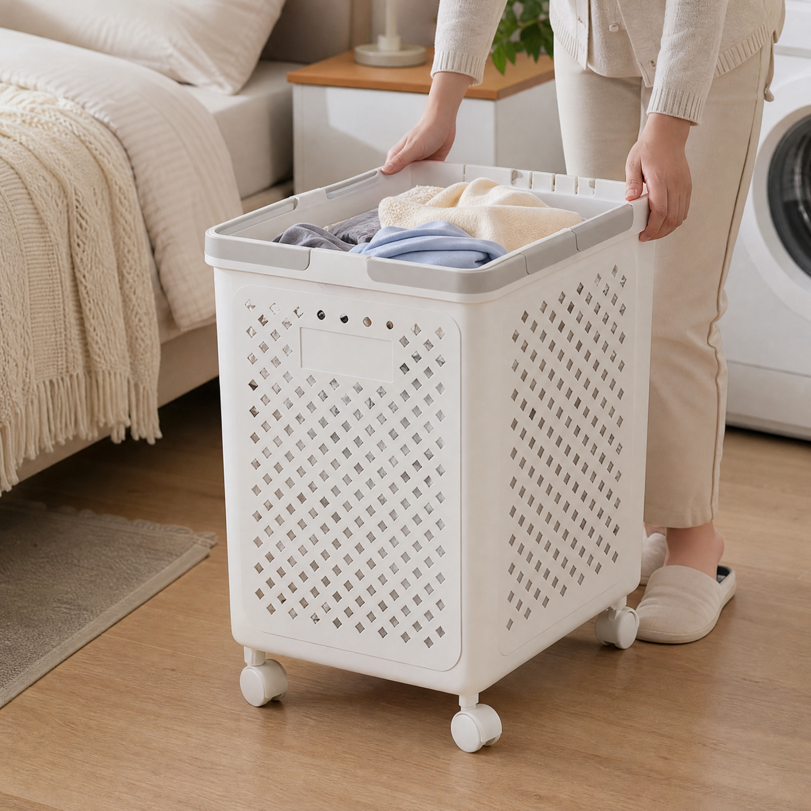 Collapsible Laundry Basket with Wheels and Handle (White)
