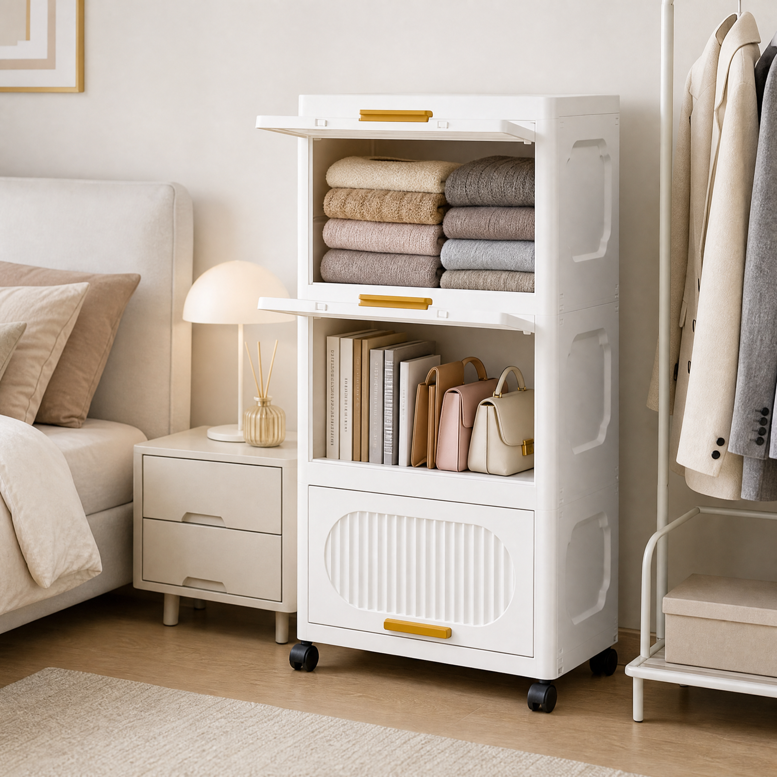 Stackable Collapsible Storage Boxes with Wheels and Doors –  2 Layer 40cm (White)