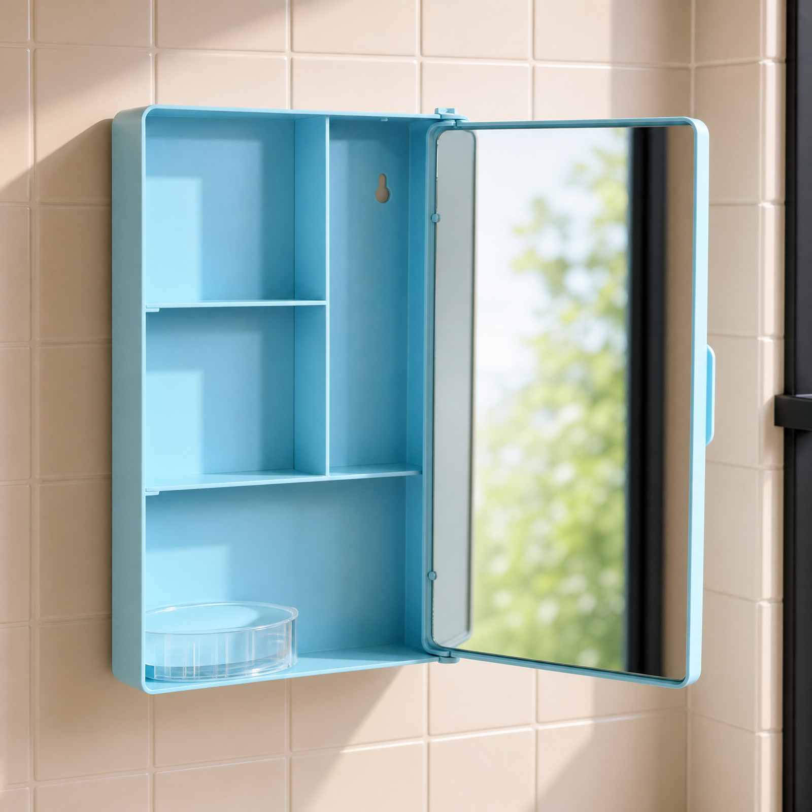 Blue 3 Plastic Wall Shelf Bathroom Cabinet with Mirror Door (Number of Shelves - 4, Blue)