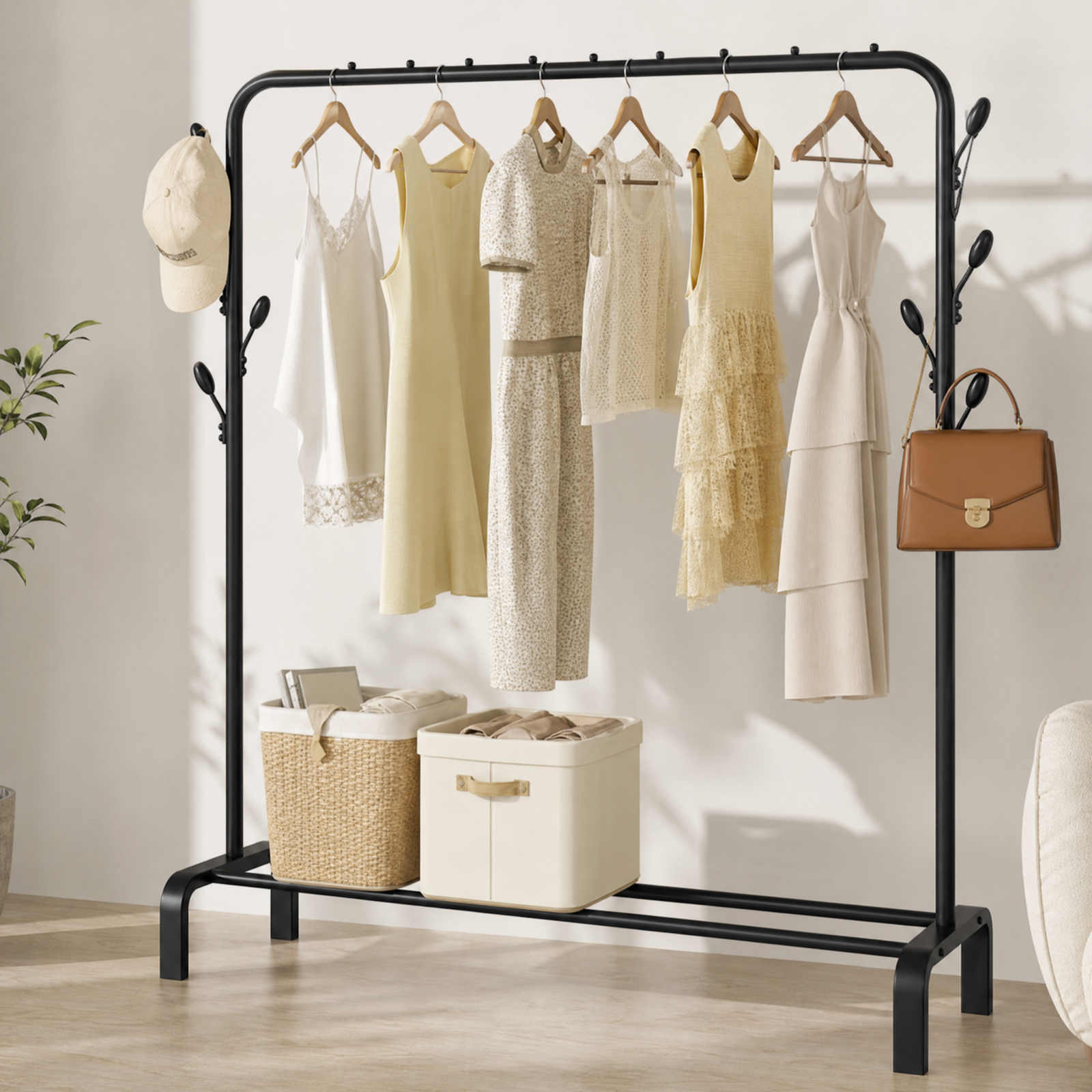 Heavy Duty Iron Garment Rack with 8 Branch Hooks – (Black, 150x42x110 cm)