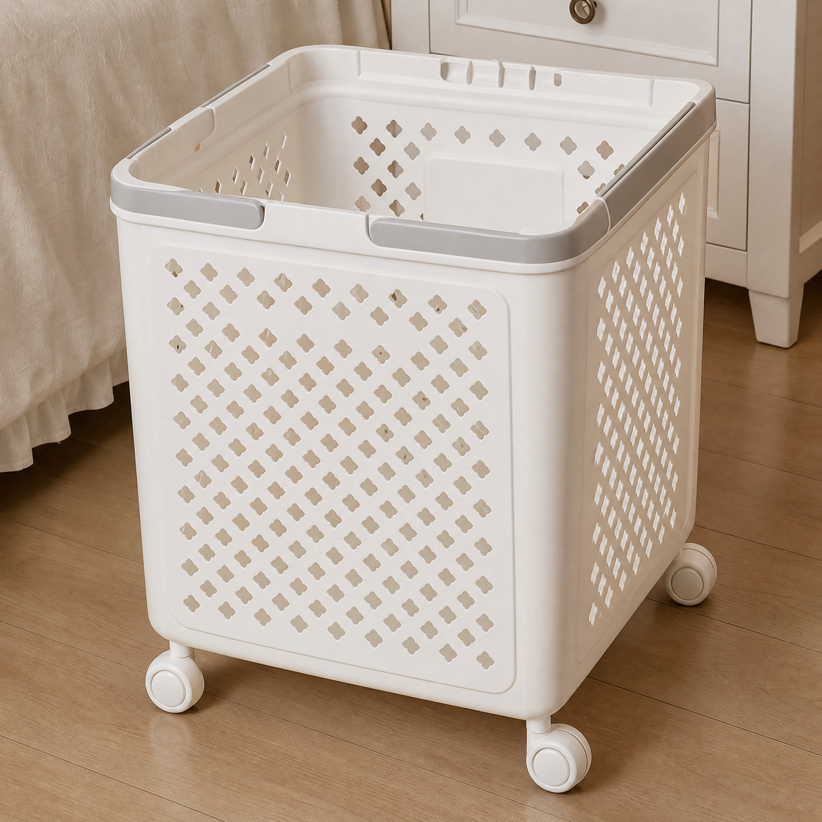 Collapsible Laundry Basket with Wheels and Handle (White)