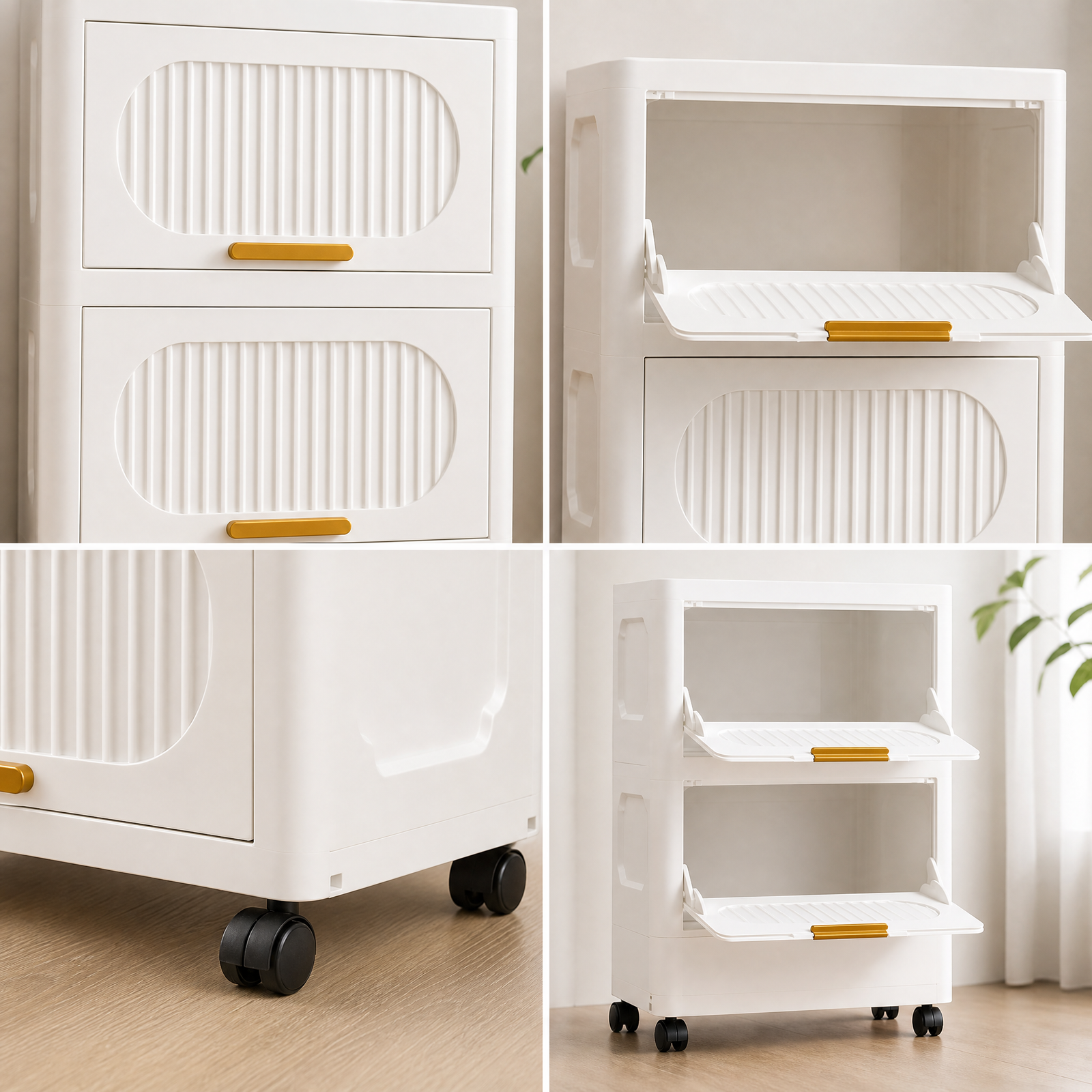 Stackable Collapsible Storage Boxes with Wheels and Doors –  2 Layer 40cm (White)