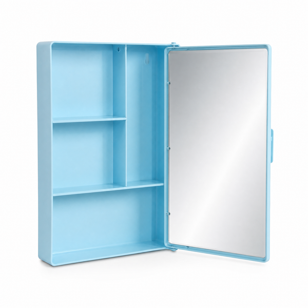 Blue 3 Plastic Wall Shelf Bathroom Cabinet with Mirror Door (Number of Shelves - 4, Blue)