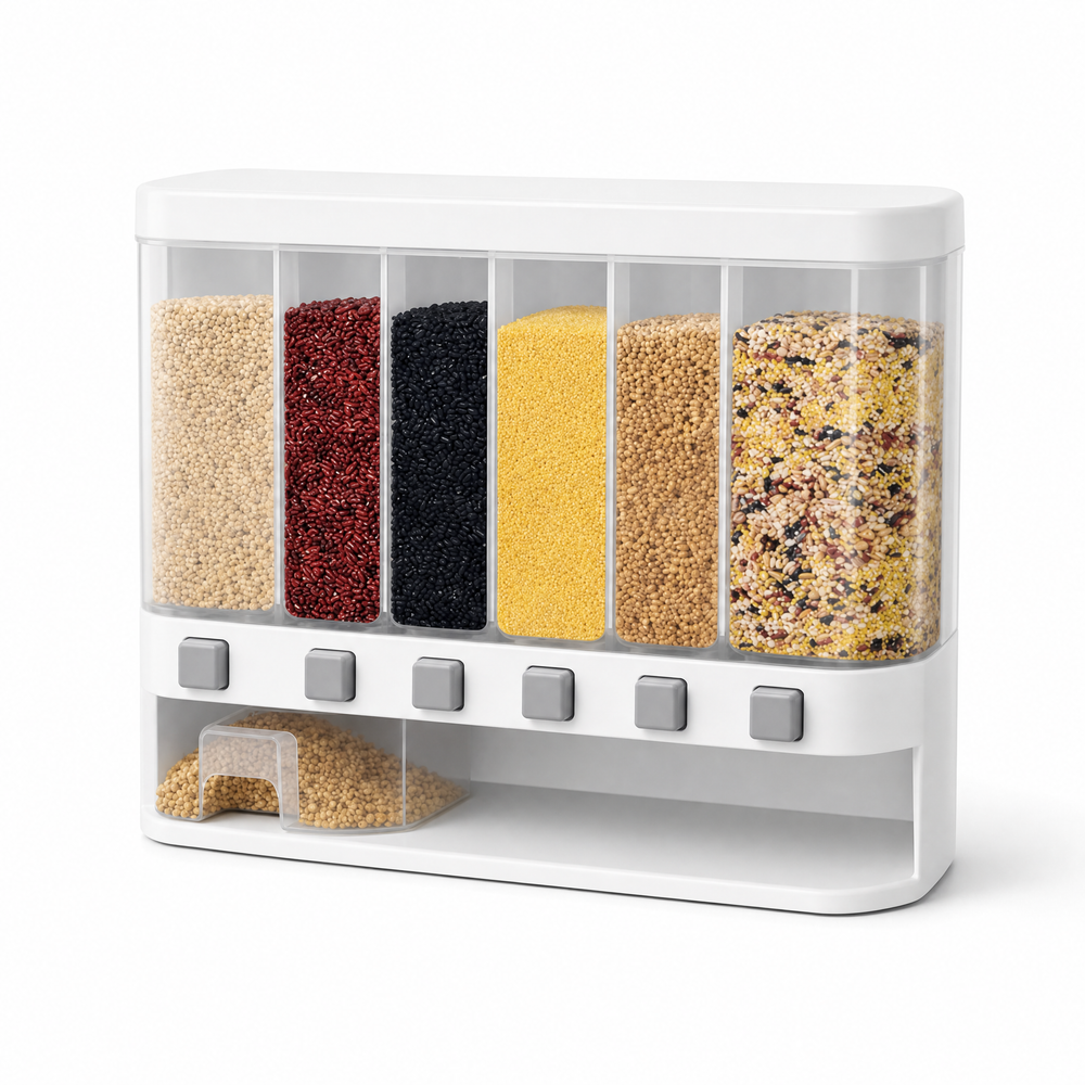 Wall-Mounted Dry Food Dispenser - 6-Grid  (Plastic, Transparent)