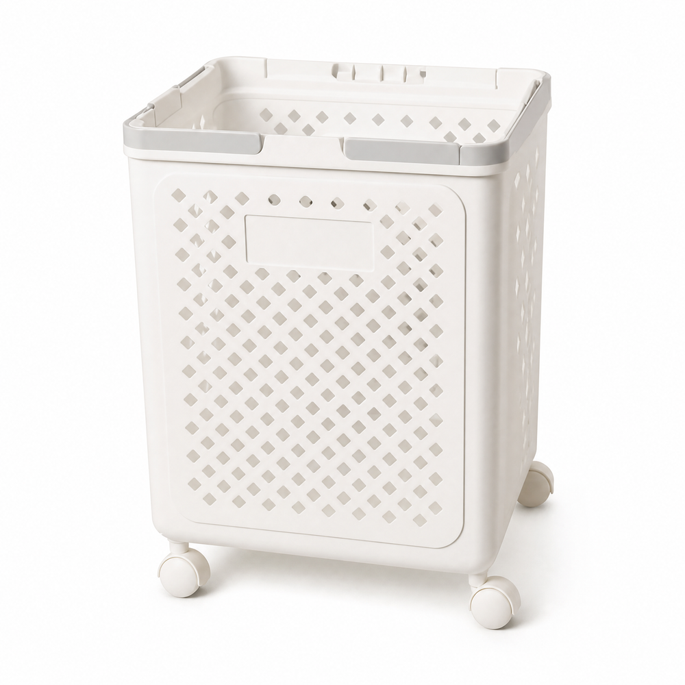 Collapsible Laundry Basket with Wheels and Handle (White)