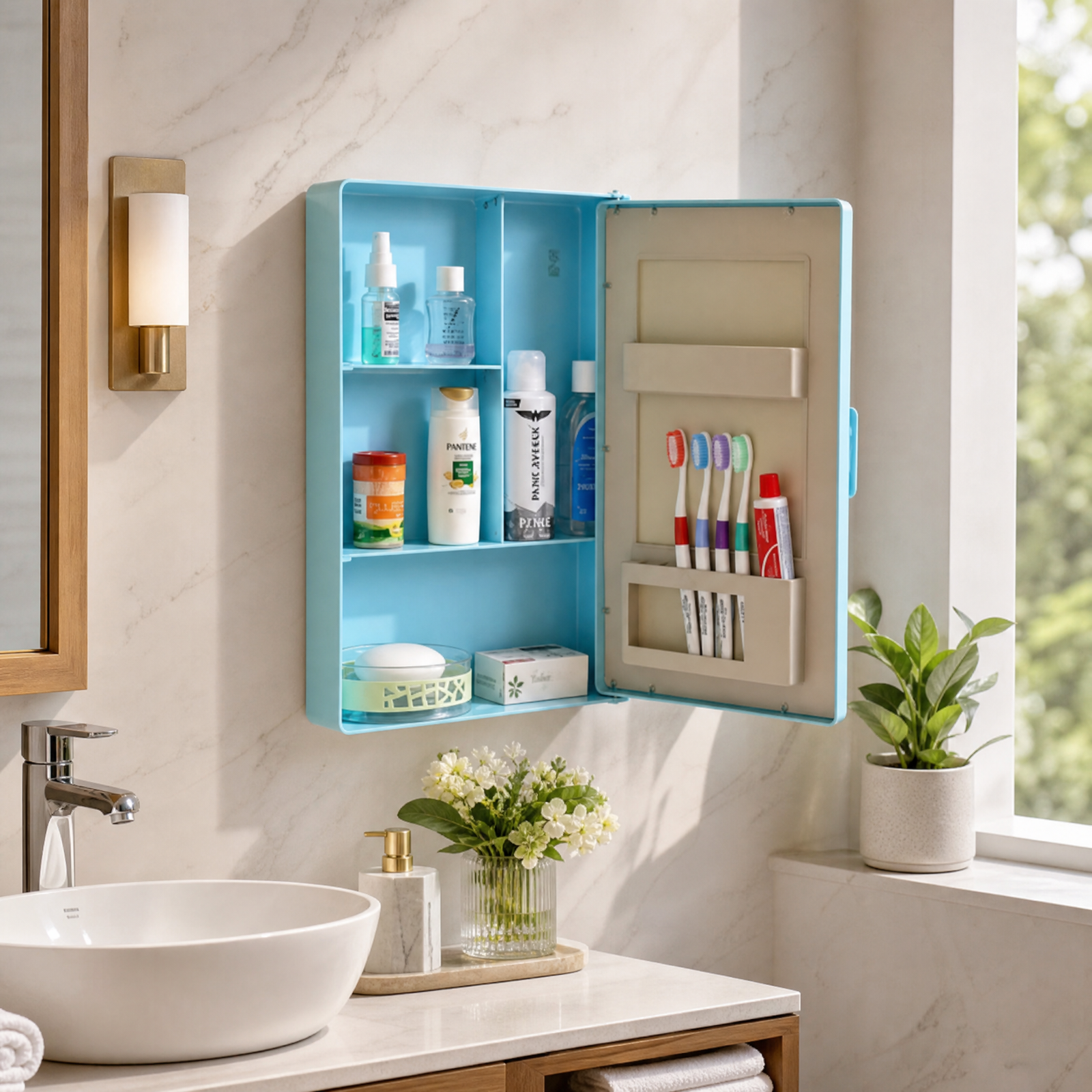 Blue 3 Plastic Wall Shelf Bathroom Cabinet with Mirror Door (Number of Shelves - 4, Blue)