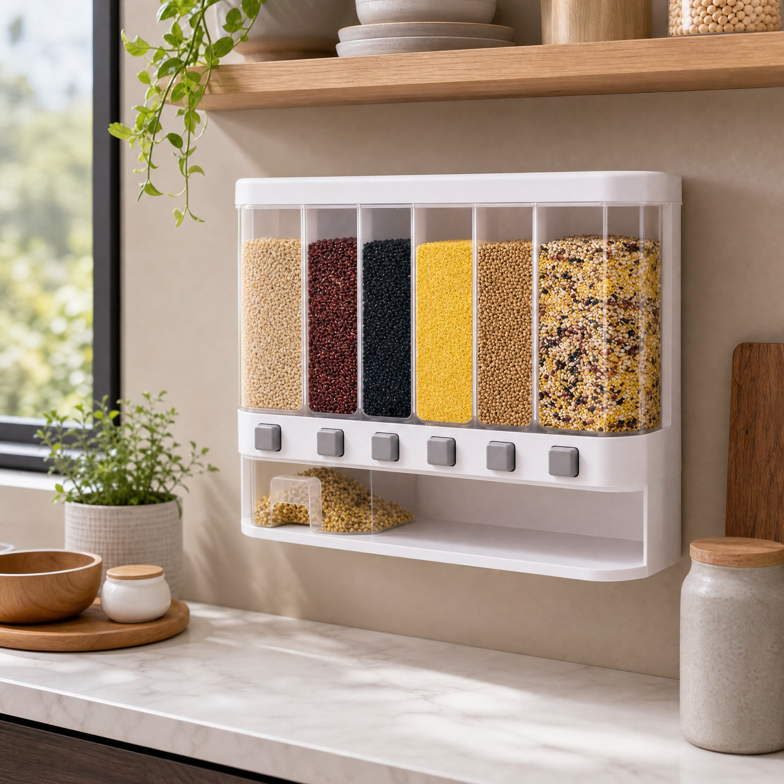 Wall-Mounted Dry Food Dispenser - 6-Grid  (Plastic, Transparent)