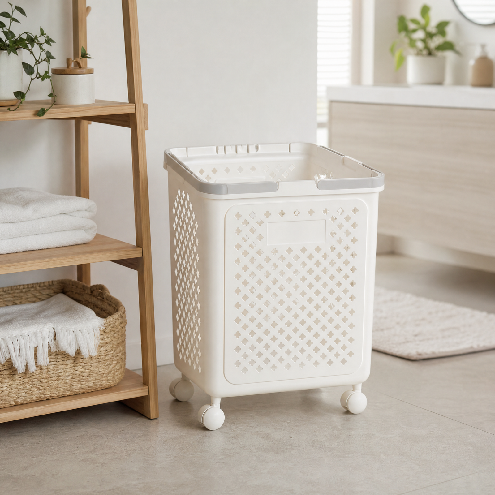 Collapsible Laundry Basket with Wheels and Handle (White)