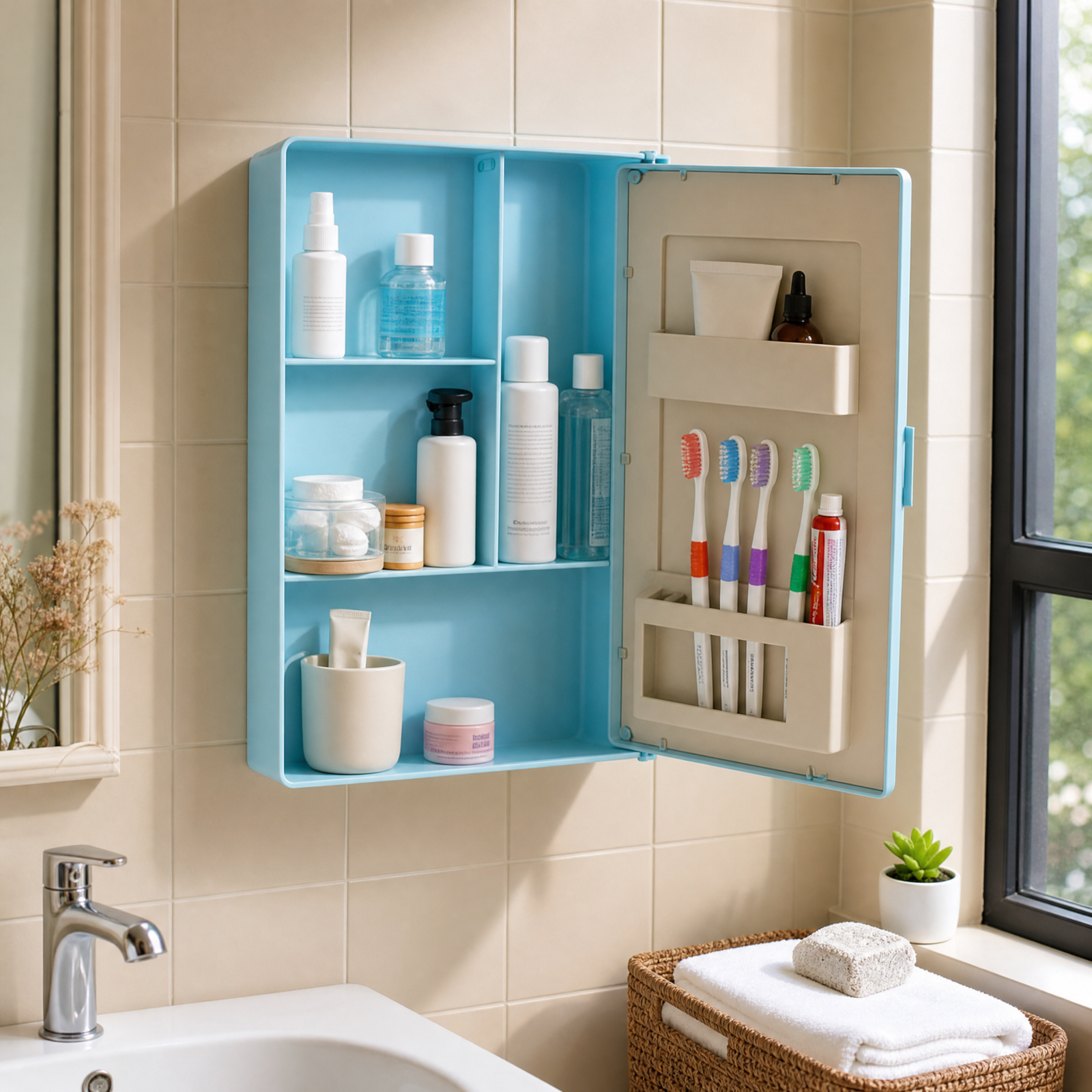 Blue 3 Plastic Wall Shelf Bathroom Cabinet with Mirror Door (Number of Shelves - 4, Blue)
