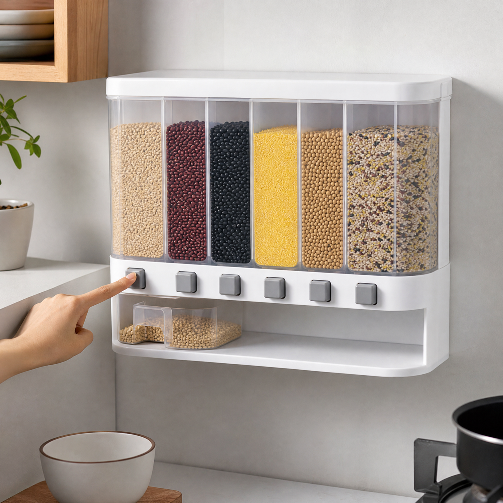 Wall-Mounted Dry Food Dispenser - 6-Grid  (Plastic, Transparent)