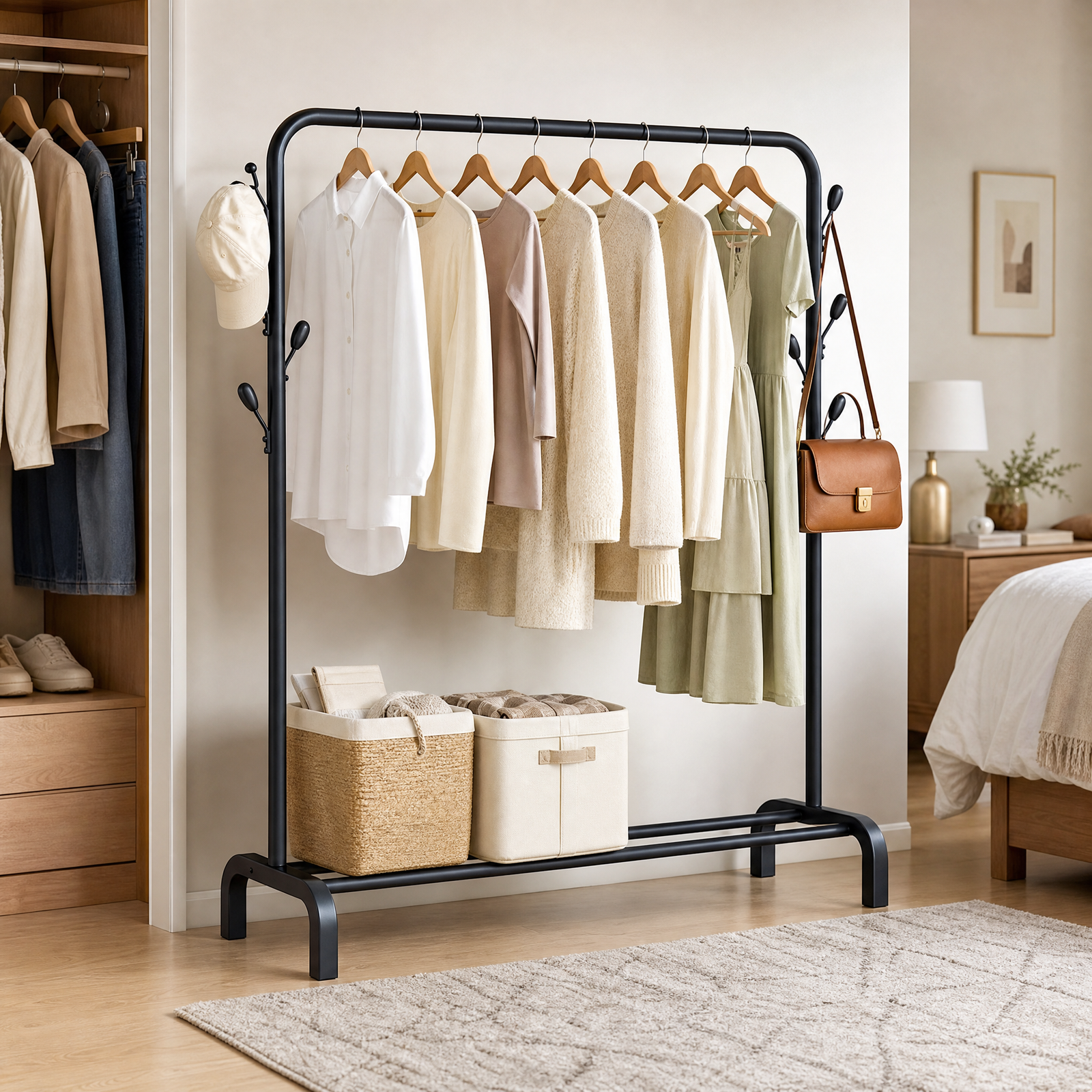 Heavy Duty Iron Garment Rack with 8 Branch Hooks – (Black, 150x42x110 cm)