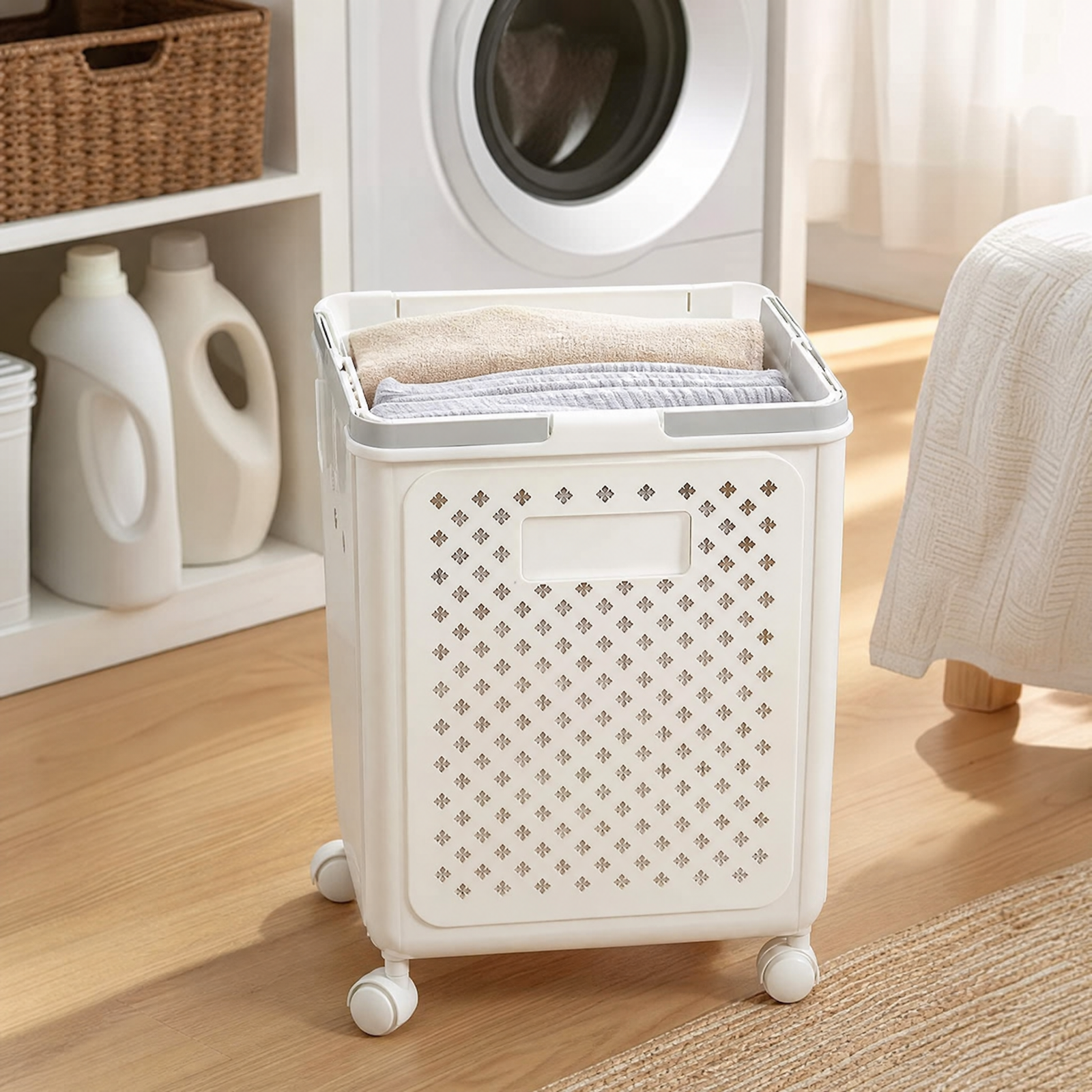 Collapsible Laundry Basket with Wheels and Handle (White)