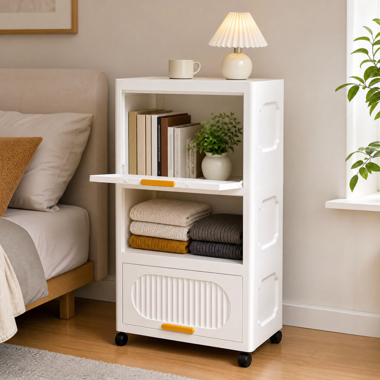 Stackable Collapsible Storage Boxes with Wheels and Doors –  2 Layer 40cm (White)