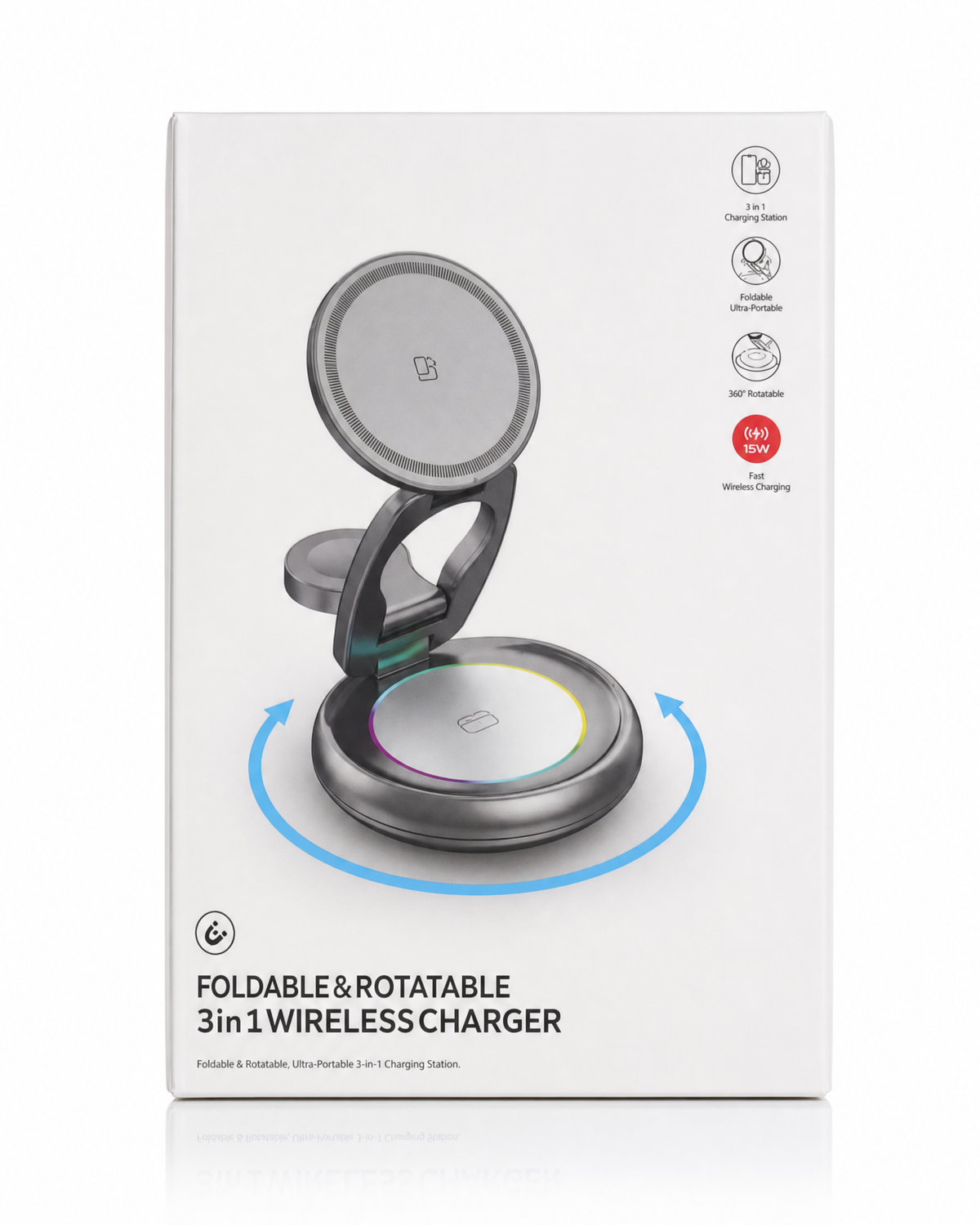 Foldable & Rotatable 3-in-1 Wireless Charger - 15W Fast Charging