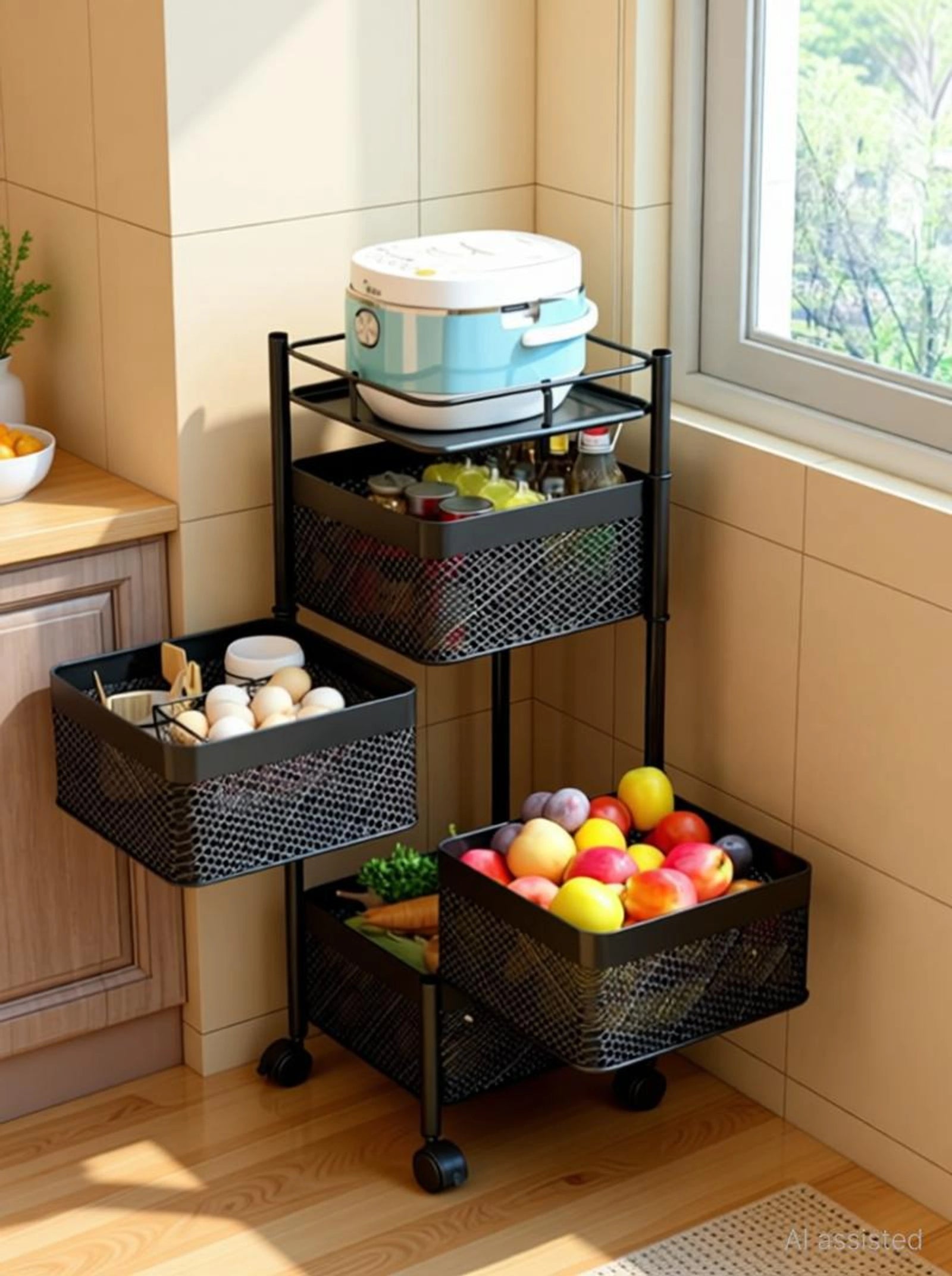 Steel Fruits & Vegetables Kitchen Rack Trolley with Wheels