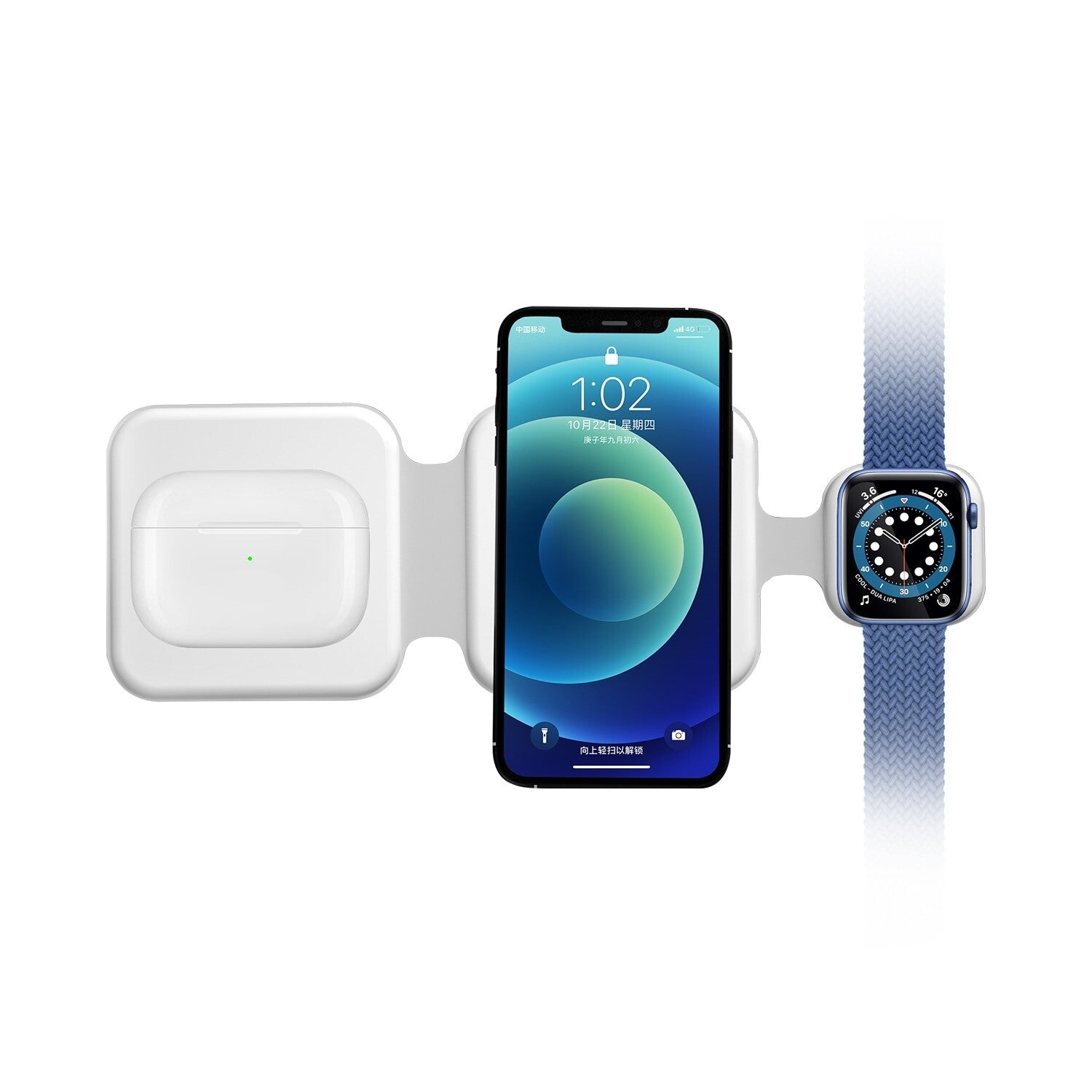 3-in-1 Charging Dock in use with earbuds and watch